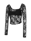 Women T-shirts Long Sleeve V-neck See-through Lace Tops Slim Mesh Sheer See Through Cropped Tees Summer Clubwear