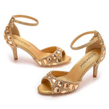Cm Fish Mouth High Heel Sandals Shallow Mouth With Large-Size Round-Head High Heels Golden Water Drill Fine