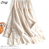Embroidery Linen Cotton Long Skirts Women Summer Elastic High Waist Pleated Maxi Skirt Female Elegant Beach A-Line