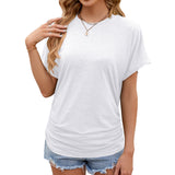 Zingj / Summer 2024 New Round Collar Pleated Solid Color Short-Sleeved Loose T-Shirt Top-Outfit