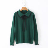 Lace-up Doll Collar Long-sleeved Sweater Female Long-sleeved Fashion Flower Edge Stitching Knitted Sweater Pullover