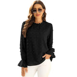 Solid Blouse Fashion Jacquard Stand Neck Long Sleeve Chic Office Work Tops Lady Plus Size Casual Elegant Chiffon