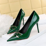 Zingj Fashion High Heels Women's Shoes Fine Heel Patent Leather Shallow Mouth Pointed Head High Heel Metal Belt Buckle Single