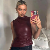 Zingj Women's 2024 Leather Collar Personality Waist Oblique Sleeveless Top Women's