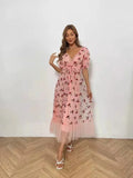 2022 Strawberry Dress Women Deep V Puff Sleeve Sweet Voile Mesh Sequins Embroidery French Party Dresses 4XL