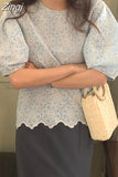 Chic Embroidered Flowers Blouses Women Summer Puff Short Sleeve Loose Simple Shirts Tops New Female Casual Clothes