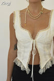 y2k Women Floral Lace Patchwork Vest Top Sleeveless Low-Cut Tie-Up Chest Vintage Summer Camis Irregular Hem Tank