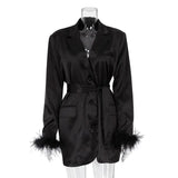 Zingj Early Autumn New Fashion Temperament Suit Collar Ostrich Hair Long-Sleeved Dress Close Waist Senior Sense A-Line Skirt-Outfit