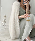Winter Women V Neck Cardigan Knitted Mohair Sweater Coat Long Sleeve Vest Thicken Crochet