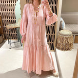 Spot 2025 Autumn New Women's Fashion V-Neck Bubble Sleeve Bohemian Cotton Linen