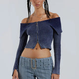 Zingj And Winter 2023 New Gradient Vintage Zipper One-Word Shoulder Lapel Sweater Female