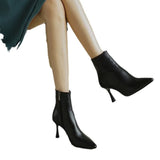 Zingj Heel Ankle Boots Women Korean Version Of Autumn And Winter New Ankle Boots Small Heel White Pointed French Thin Heel Side Zipper Martin Boots Women-Outfit