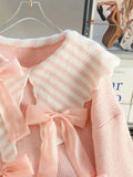 Large Collar Pink Bow Striped Knitted Sweatshirt- Outfit