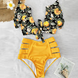 Ruffled Hem Bikini Set Women Flora V-Neck High-Waisted Two Piece Swimsuit 2021 Girl Beach Bathing Suit Swimwear