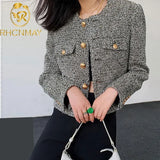 Autumn Winter Women Tweed Jacket Vintage Button Up Long Sleeve O-Neck Pocket Designer Brand Elegant Lady Coat Tops
