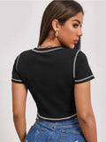 Women's Stylish Angel Letter Printed T-Shirt Short Sleeve Round Neck Contrast Stitch Slim Fit Wild Casual Crop Tops for