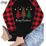 Christmas Tree Print Women T Shirt Contrast Buffalo Black and White Stitching Plaid Long Sleeves Tee Shirt
