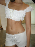 Women 2 Piece Summer Outfits Short Sleeve Square Neck Ruffle Ruched T-shirts Crop Tops Low Waist Shorts Clubwear