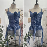 Asymmetrical Lotus Leaf Side Flower V-Neck Sling Vest Dyed Mesh Cross-Sleeveless Top