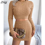 Fashion Twist Knitted Sweater Skirt 2 Piece Set for Women Suit 2022 new Solid Short Tops + Elastic Waist Mini Skirt
