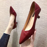 Zingj 2024 New Korean Version Of Pointed Single Shoes With Shallow High Heels Fashion Stitching Black Women's Shoes-Outfit