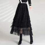 Solid Color Cake Long Skirt Mesh Puffy Women Sexy Korean Floor Length Party Skirts Loose Elastic Female Ball Gown