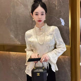 Chinese Women's Wear 2023 Spring Dress New Blouse High-End National Style Vintage Plate Button Blouse White Jacquard