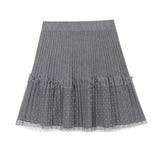 Zingj 2023 Knit Skirt Women's Short A-Word Pleated Skirt Mesh Stitching Knit Fluffy Skirt-Outfit