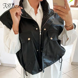 Sleeveless 2020 PU Leather Jacket Vest Women Black Zipper Autumn Winter Khaki Pocket Casual Coat Short Loose