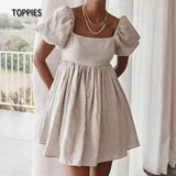 Summer Linen Dress Woman Vintage Puff Sleeve A Line Dresses High Waist Square Collar Mini Dress