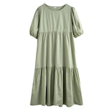 White Cotton Puff Sleeve Dress Woman Summer Midi Dress Short Sleeve Cascading Ruffles Blouses