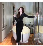 Sexy Party Black Velvet Midi Dresses for Women 2023 Autumn New Elegant Fashion Slim Lace Up Long Sleeves Female