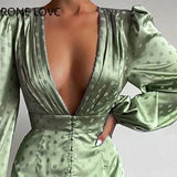 Women Chic Deep V Neck Polka Dot A Line Long Puff Sleeves High Silt Spring&Autumn Sexy Party Satin