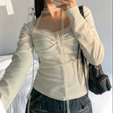Lace Trim Square Collar Lace Ribbon Long Sleeve TeeOutfit