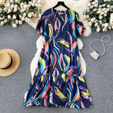 Zingj Dress Women's 2024 Summer Dress New Loose Leisure Fashion Print Medium-Long Bubble Sleeve Holiday