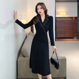 Elegant Notched Collar Sweater Suit Dress Long Sleeve Slim Waist Female A-Line Knitting Dress 2021 OL