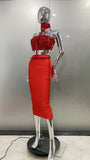High Quality Fashion Red Hanging Neck Sexy Full Diamond Mini Top + Tight Height Waist Half-Dress