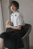 Embroidery Floral Double Collared Shirt Women Summer Short Sleeve White Office Blouse Button Up Korean Shirt