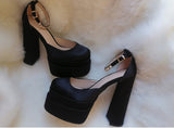 Onlymaker Square Toe Sandals Platform Thick High Heels Solid Mixed Colors Crystal Buckle Stain Sandals Graceful Women