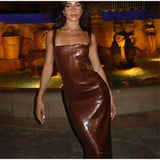 Brown Sequin Strap Sleeveless Maxi Dress- Outfit