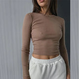 O Neck Long Sleeve Shirt Women Ribbed Sexy Cropped Tops Spring Black Casual Skinny Slim Basic Woman T Shirts