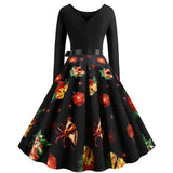 Women Christmas Dress 2023 Winter Long Sleeve Black Print Elegant Vintage Party Dresses Robe Femme