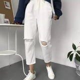 Women Spring Summer Trendy Simple Korean Style All-match Solid Hole Soft High Waist Streetwear Womens Trousers Chic