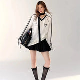 Stripe Bow Oversized V-neck Black Jersey Long Sleeve Top- Outfit