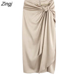 New Women Fashion Knotted Design Slim Sarong Midi Skirt Faldas Mujer Female Back Zipper Summer Vestidos
