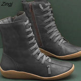 Women Autumn Vintage Zipper Lace Up Ankle Boots Ladies Retro Leather Shoes Woman High Top Shoes Women's Female Fashion