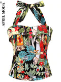 Women Shirts Retro Vintage 50s 60s Floral Printed Sleeveless Halter Slim Blouses Fashion Ladies Rockabilly Pin Up