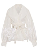 Retro Palace Style Top Autumn 2025 New Organza Lapel Lantern Sleeve Lace Printed Shirt