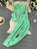 Fashion Sweater Two Pieces Sets Ladies Long Sleeve Knit Cardigan+Wide Leg Long Pant Sets Women OL Loose Knitted