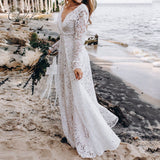 2022 Summer Elegant Women Long Party Dress Long Sleeve See Through White Lace Vocation Maxi Tunic Beach